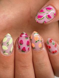 beach nail design: summer fruit mix Cute Nails Short Almond, Cute Nail Ideas Almond Shape, Starter Nails, Picnic Nails, Fruit Nail Designs, Sun Nails, Fruit Nails, Food Nails, Beach Nail Designs