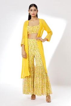 Shop for Kalakaari By Sagarika Yellow Crepe Open Front Shrug And Sharara Set for Women Online at Aza Fashions Yellow Shrug, Blouse With Sleeves, Sharara Gharara, Luxury Sale, Sharara Set, Embroidered Blouse, Festival Wear, Set For Women, Yellow Floral