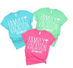 three family vacation t - shirts with palm trees on the back and pink, green, and blue