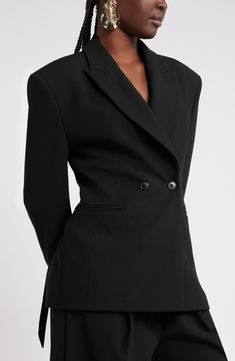 A structured silhouette nips in the waist for a tailored fit in a double-breasted blazer designed by Harlem's Fashion Row. Double-breasted button closure Peaked lapels Front welt pockets Lined 64% polyester, 31% viscose, 5% elastane Machine wash, dry flat Imported Black Owned/Founded Black Balenciaga, Blazer Designs, Favorite Daughter, Maternity Shops, Breasted Blazer, Loungewear Shorts, Double Breasted Blazer, Designer Clothes For Men, Modern Outfits