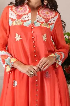 Shop for Seams Pret And Couture Orange Georgette Petal Embroidered Tunic And Tulip Pant Set for Women Online at Aza Fashions Leather Cutwork, Tulip Pants, Asymmetric Tunic, Resham Work, Embroidered Leather, Satin Color, Embroidered Tunic, Cut Work, Pant Set