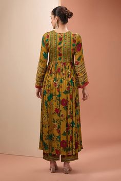 Mustard ghera anarkali with multi colored floral prints and lace embellishments . Comes with coordinating printed pant and dupatta. - Aza Fashions Anarkali Palazzo Set With Printed Motifs, Festive Maxi Salwar Kameez With Printed Motifs, Maxi Length Chanderi Anarkali Set With Printed Motifs, Festive Maxi Length Salwar Kameez With Printed Motifs, Designer Kalamkari Print Palazzo Set For Navratri, Festive Maxi Length Printed Salwar Kameez, Festive Anarkali Set With Kalamkari Print For Diwali, Festive Kalamkari Print Anarkali Set For Diwali, Diwali Semi-stitched Anarkali Set With Kalamkari Print