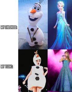 there are four pictures of frozen princesses in their costumes, and one is singing into a microphone