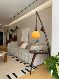 a living room filled with furniture next to a tall plant on top of a wooden table