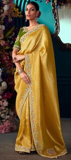 Yellow color Saree in Banarasi Silk, Silk fabric with Embroidered, Resham, Sequence, Thread, Zari work Yellow Color Saree, Wedding Yellow, Zari Work, Yellow Fashion, Bridal Saree, Blouse Length, Saree Wedding, Petticoat, Bridal Wedding