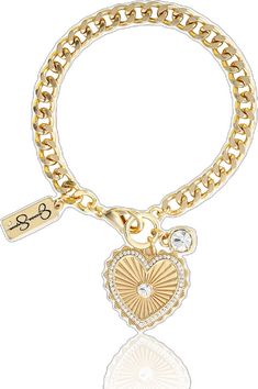 Trendy Gold Heart Charm Bracelet, Trendy Gold Heart Bracelet With Heart Charm, Personalized Gold Heart Bracelet Trendy Style, Trendy Gold Charm Bracelet With Heart Charm, Gold Trendy Charm Bracelet With Heart Charm, Gold Heart Jewelry With Logo Charm, Gold Heart-shaped Jewelry With Logo Charm, Simpson Costume, Rhinestone Embellishments