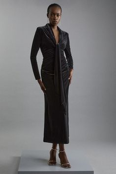 Velvet Long Sleeve Wrap V Neck Maxi Dress | Karen Millen Elegant Velvet Dress For Date Night In Winter, Fitted Ruched Velvet Dress, Elegant Fall Velvet Dress For Date Night, Elegant Velvet Dress For Date Night In Fall, Glamorous Ruched Evening Dress For Party, Elegant Velvet Dress For Date Night, Chic Fitted Velvet Midi Dress, Elegant Velvet Midi Dress For Fall, Fitted Velvet Dress For Evening Party