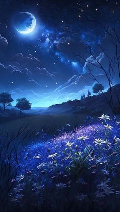 the night sky is full of stars and clouds, with flowers in the foreground