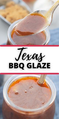 two jars filled with bbq glaze sitting on top of a blue table cloth