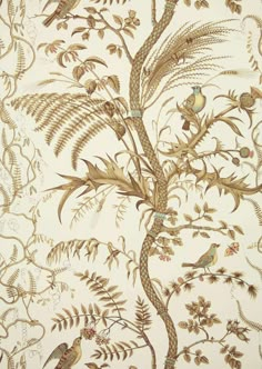 a wallpaper with birds and plants on it's side, in gold foil