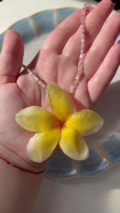 a hand holding a yellow flower on top of a blue and white plate next to a beaded necklace