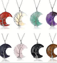 Elevate your style with our enchanting Moon-Shaped Tree of Life Crystal Necklace, a perfect blend of elegance and spiritual symbolism. This stunning piece is available in multiple crystal variations, each carefully selected to radiate its unique energy. The pendant features a beautifully crafted Tree of Life design on top of a crescent moon, symbolizing growth, strength, and the interconnectedness of all life. Paired with a matching heart-shaped crystal stone, this necklace not only makes a striking fashion statement but also carries deep meaning.  **Key Features  **Materials  High-quality crystals  **Design  Moon-shaped pendant with  intricate Tree of Life design   **Optional Matching heart-shaped crystal stone  **Perfect for Everyday wear, spiritual practices, gift-giving  Whether you're Moon Phase Pendant Necklace For Healing, Healing Moon Phase Pendant Jewelry, Bohemian Crystal Necklace With Moon Charm, Bohemian Moon-shaped Necklace With Natural Stones, Bohemian Moon Shaped Jewelry For Meditation, Spiritual Moon-shaped Jewelry For Healing, Moon Shaped Gemstone Healing Necklace, Spiritual Moon-shaped Healing Jewelry, Moon Shaped Gemstone Necklace For Healing