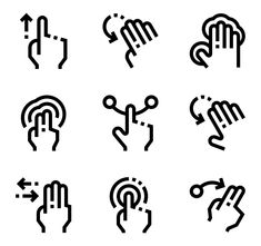 different hand gestures and symbols are shown in black on a white background, including one pointing to the left