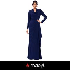 in stock Fitted Long Sleeve Pre-draped Gown, Formal Gown With Draped Long Sleeves, Fitted Long Sleeve Gown With Draped Sleeves, Long Sleeve Gown, Gowns With Sleeves, Pick Up, In Store, Buy Online, Navy