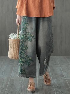 Original Embroidered Wide-Leg Column Jean Pants Baggy Floral Embroidered Bottoms, Baggy Wide Leg Bottoms With Floral Embroidery, Baggy Bottoms With Floral Embroidery, Casual Baggy Pants With Floral Embroidery, Bohemian Non-stretch Bottoms With Floral Embroidery, Summer Embroidered Wide Leg Jeans, Non-stretch Embroidered Casual Bottoms, Casual Non-stretch Embroidered Bottoms, Non-stretch Wide Leg Pants With Floral Embroidery