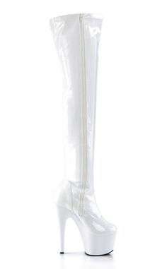 7" Plain Stretch PF Thigh Boot, Side ZipHEEL/PLATFORM : 7" Heel, 2 3/4" PFFIT GUIDE : True to sizeVEGAN : Yes﻿SIZE : ﻿US women's sizing-refer to size chart for more info. White Thigh High Party Boots, White Thigh High Boots For Party, Knee-high Platform Boots For Cosplay, White Fitted Over-the-knee Boots, Fitted White Thigh High Boots, White Thigh High Boots, White Thigh Highs, Pleaser Shoes, Thigh Boot