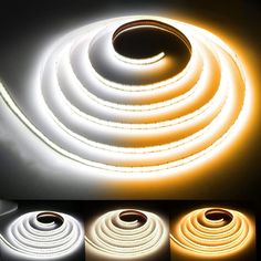 three different colors of led strip lights on a black background with white and yellow lighting