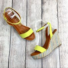 Multicolored Striped Mojo Moxy Sandal Wedges With Neon Green Straps By Dolce. New Without Box. Closure: Buckle Material: All Man Made Materials Measurements Heel Height: 4.25” Platform Height: 1.25” Sandal Wedges, Green Sandals, Womens Shoes Wedges, Neon Green, Wedge Shoes, Wedge Sandals, Shoes Women Heels, Heel Height, Shoes Heels