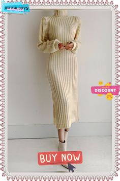 Long Sleeve Plain Elegant Regular Fit Midi Dress Chic Beige Winter Maxi Dress, Beige Sheath Dress For Fall, Long Cream Sweater Dress For Spring, Cream Long Sweater Dress For Spring, Beige Non-stretch Midi Dress For Fall, Casual Beige Maxi Dress For Winter, Casual Long Cream Midi Dress, Casual Maxi Sweater Dress For Spring, Beige Sweater Dress For Spring