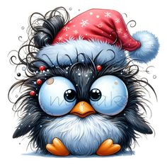 a cartoon bird with a santa hat on top of it's head and eyes