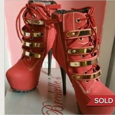 Red With Gold Strap Red Booties, Valentino Studs, Gladiator Sandals, Women Shoes, Sandals, Heels, Boots, Red, Gold