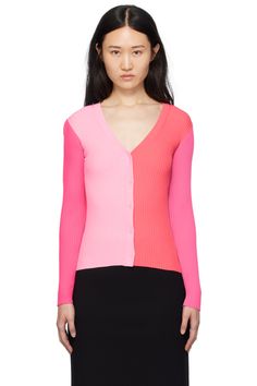 Staud: Pink Color Block Cardigan | SSENSE Spring Color Block Stretch Sweater, Fitted V-neck Sweater For Spring Layering, Fitted Fine Knit V-neck Sweater For Spring, Multicolor V-neck Knit Top, Multicolor V-neck Color Block Cardigan, Spring Fitted V-neck Sweater For Layering, Spring Pink Color Block Cardigan, Spring Color Block Pink Cardigan, Fitted Color Block V-neck Top