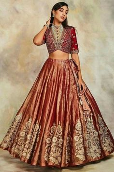 Brown Lehenga, Tissue Lehenga, Lehenga Indian, Indian Wedding Lehenga, Half Saree Designs