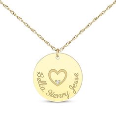 Bring joy to Mom's heart with this meaningful family name necklace. Crafted in 10K yellow gold The disc pendant features a sweet diamond-accented heart and the names you choose The 16-inch rope chain with 2-inch extender secures with a spring ring clasp Necklace With Heart, Disc Pendant, Disc Necklace, Accessories Jewelry Necklace, Family Name, Rope Chain, Name Necklace, Spring Rings, Heart Necklace