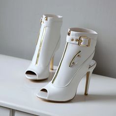 Olivia Mark - Sleek High Heel Sandal Boots with Peep-Toe and Front Zipper Chic Open Toe Heels With Zipper Closure, Sandal Boots, Futuristic Shoes, Cushioned Running Shoes, Modern Sandals, Walk In My Shoes, Super High Heels, Foot Jewelry, Womens Shoes High Heels