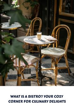 an outdoor table and chairs with the words what is a bistro? your cozy corner for culinary delights