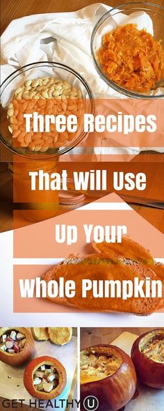 there are three different types of pumpkin pies on the table with text overlay that reads, three recipes that will use up your whole pumpkin pie