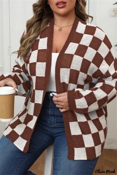 Olivia Mark - Plus Size Winter Sweater with Plaid Print and Long Sleeves Plus Size Winter, Plaid Sweater, Winter Cardigan, Winter Sweater, Cardigan Sweaters For Women, Long Sleeve Plaid, Cozy Winter, Plaid Print, Winter Sweaters