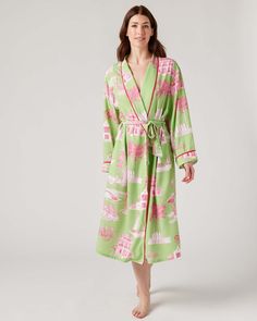 Inspired by our best-selling pajamas, our Katie Kime robes feature the prints you love in a stylish silhouette with elegant piping detail. Perfect for lounging and layering over sleepwear, the Katie Kime robe features flexible sizing with a removable tie to ensure a custom fit. Add a bespoke touch with your choice of embroidery. 50% Modal & 50% Cotton Machine wash cold. 48" from high point of shoulder (based on a size S/M) Please allow 3-5 days for production. Any personalized or monogramed prod Katie Kime, Print Production, Embroidered Clothes, High Point, Wallpaper Samples, Embroidered Shirt, Custom Fit, Piping, Pink Color