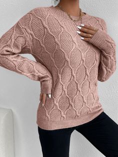 Dusty Pink Casual  Long Sleeve Acrylic Plain Pullovers Embellished Medium Stretch Spring/Fall Women Knitwear Poncho Winter, Sweater Ideas, Drop Shoulder Sweater, Drop Shoulder Sweaters, Poncho Sweater, Trendy Fashion Women, Sleeves Pattern, Shoulder Sweater, Knitted Sweater