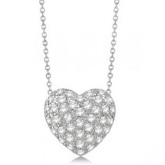 Puffed Heart Diamond Pendant Necklace Pave Set 14k White Gold (1.04ct) - allurez.com Diamond White Heart Necklace With Pave Setting, Valentine's Day Diamond White Necklace With Pave Setting, White Diamond Necklace With Single-cut Heart Pendant, White Diamond Necklace With Heart Pendant, White Diamond Necklace With Single Cut Heart Pendant, White Diamond Necklace For Valentine's Day Formal, Formal White Diamond Necklace For Valentine's Day, White Heart-shaped Diamond Necklace With Accents, Heart-shaped Diamond Necklace With Pave Setting For Anniversary