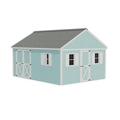 a small blue shed with white doors and windows