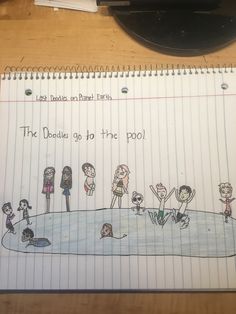 a drawing of people standing on the edge of a pool