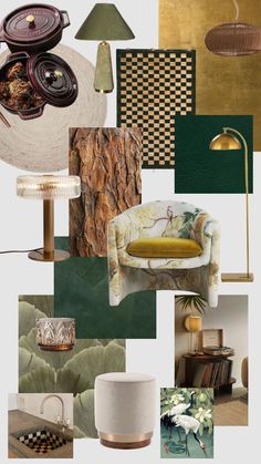 a collage of different types of furniture and decor in green, gold and white