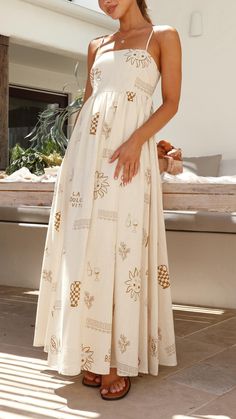 Embrace the allure of the Sun-Kissed Charm Maxi Dress. Featuring delicate straps, a shirred back, and an elegant cut-out, perfect for any occasion. Tropical White Dress, What To Wear In Greece Summer, Cottage Dresses, Italy Street Style, Sun Clothes, Casual Floral Dresses, Casual Dresses For Summer, Summer Maxi Dress Boho, Tie Strap Dress