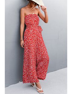 Reddish Orange Leopard Print Lace-up Strapless Jumpsuit Ladies Jumpsuits, Jumpsuit Backless, Orange Leopard Print, Summer Jumpsuit, Cami Jumpsuit, Casual Wide Leg Pants, Reddish Orange, Jumpsuit Summer, Tube Tops