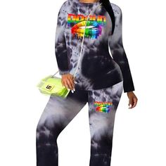 Women Lgbtq Two Piece Outfit Tie Dye Shirt Sportswear + Bodycon Joggers Pants Black Letter Print Activewear For Leisure, Fitted Casual Activewear With Graphic Print, Black Long Sleeve Activewear For Leisure, Casual Black Sets For Leisure, Casual Black Leisure Set, Black Long Sleeve Leisure Activewear, Casual Multicolor Activewear For Streetwear, Casual Black Sports Sets, Casual Black Sets With Relaxed Fit