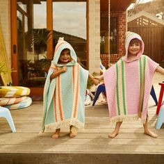 Perfect for getting the kids dry without pausing the fun. These hands-free hooded towels are the perfect kids accessory for fun in the sun. Tishy Dahlia is made from lightweight quick dry waffle towelling featuring stripes of hydrangea blue, paprika and milk cream with fringe detail at the hood and bottom edges. One size (Size suggestion - Fits child size 3 to size 6) Width 61cm, Length 67cm including tassels Made from cotton waffle Funky Clothes, Muslin Wraps, Colourful Designs, Hooded Towels, Linen Pajamas, Product Ideas, Hooded Towel, Fun In The Sun