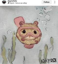 a painting of an animal wearing a pink hat and goggles, floating in the water