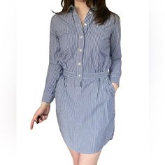 Shirt Dress Has Never Been Worn. Cotton & Spandex Striped Long Sleeve Relaxed Fit Dress, Striped Long Sleeve Dress With Relaxed Fit, Relaxed Fit Mini Shirt Dress For Work, Spring Workwear Slim Fit Dresses, Fitted Striped Long Sleeve Shirt Dress, Casual Striped Work Dresses, Casual Striped Workwear Dress, Casual Striped Dresses For Work, Casual Button-up Dress For Office