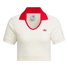 (WMNS) adidas Originals x Notitle Tennis Crop Short Sleeve Polo Shirt 'White Red' IN1082 Athleisure Sports Top With Polo Collar, Sporty Polo Collar Top For Summer, Adidas Sportswear Tops For Summer, Sporty Fitted Adidas Logo Tops, Adidas Logo Fitted Sports Tops, Adidas Fitted Sports Top, Fitted Adidas Logo Top In Athleisure Style, Adidas Fitted Tops For Sports, Fitted Adidas Athleisure Top With Logo