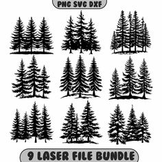 pine tree silhouettes with 9 laser files for cutting and embellishment on white background