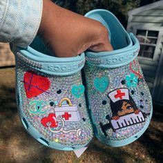 Medical Custom Bling Crocs Womens Size 9 Hand Place Stones. Water Resistant Ready To Ship. Custom Nurse Crocs, Medical Crocs Shoes, Bling Crocs Shoes, Croc Decor Ideas, Bling Shoes Heels, Decorated Crocs, Croc Business, Bedazzling Things, Customized Crocs Shoes