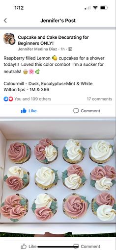 a box filled with cupcakes and frosting on top of a table next to an instagram page