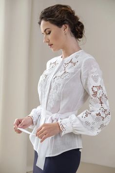 White Floral Cutwork Embroidery Blouse Top for Women Elegant | Etsy Thailand Luxury Elegant Chikankari Embroidered Top, Elegant Spring Blouse With Chikankari Embroidery, Elegant Chikankari Embroidery Blouse For Spring, Spring Wedding Blouse With Chikankari Embroidery, Elegant Linen Blouse With Lace Trim, Elegant Summer Blouse With Cutwork, Elegant Summer Cutwork Blouse, Elegant White Cutwork Blouse, Elegant Long Sleeve Blouse With Cutwork