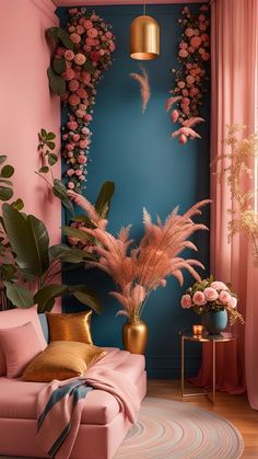 a living room decorated in pink and gold with flowers on the wall, couches and rugs